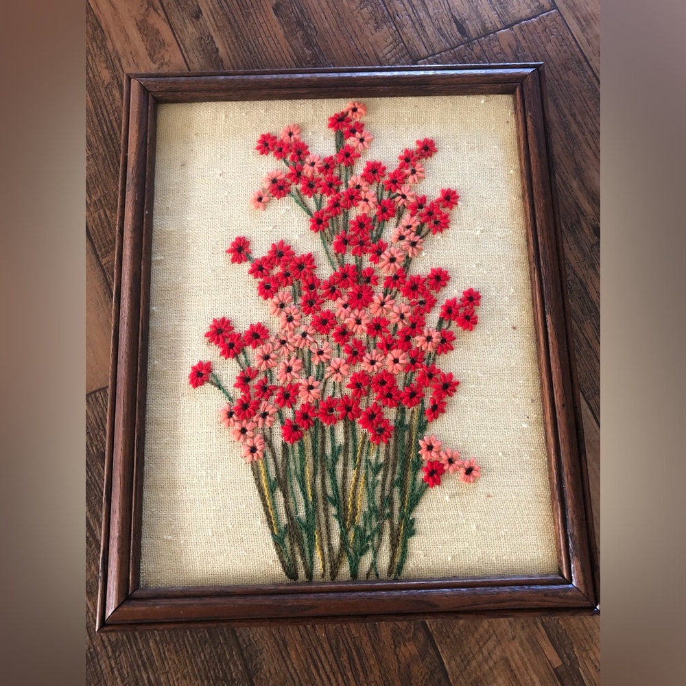Vintage 70s Crewel Floral Bouquet Embroidered Framed Red Flowers, Cottage Granny